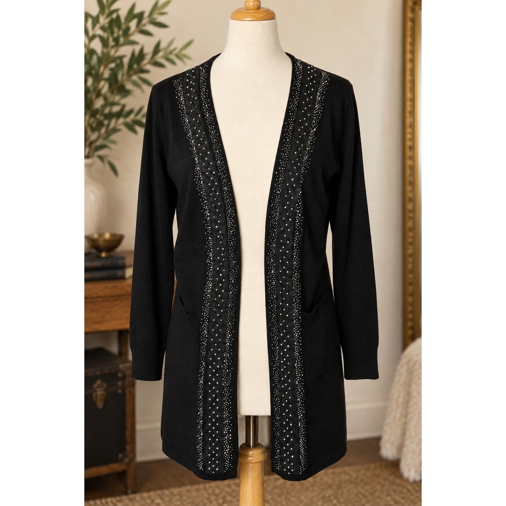 Black Rhinestone Embellished Open Front Cardigan Sweater M Glam Sparkle Party